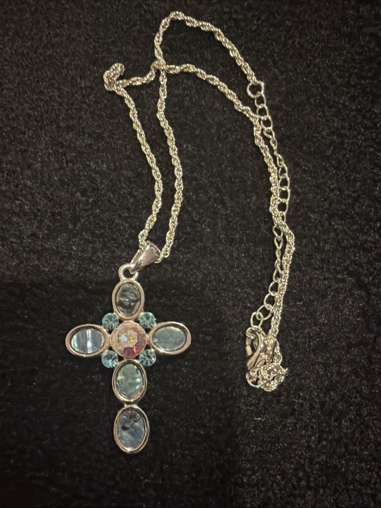 Vintage Cookie Lee Aqua Jeweled Pendant Cross Nickel Free