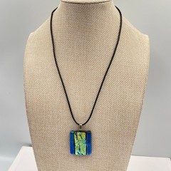 Vintage Dichroic Fused Glass Pendant Necklace Iridescent Blue Green Black Cord