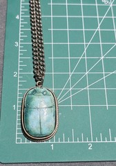 Vintage Egyptian Revival Scarab Pendant Necklace Double Sided Hieroglyphic Blue