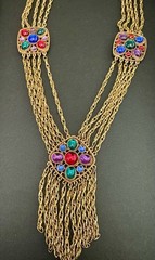 Vintage Gold Tone Chain Tassel Necklace Art Nouveau Etruscan Revival Cabochon