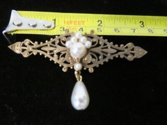 Vintage Ornate Metal Bar Dangle Brooch with Faux Pearls