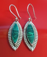 925 ATI Mexico Malachite Earrings 1.75in Drop Sterling Silver 6g Marquise Bezel