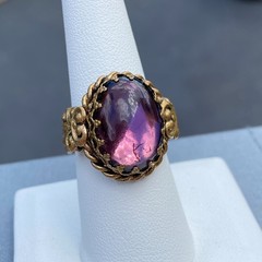 Vintage Ring Czech Glass Purple Cabochon Twisted Brass Adjustable Filigree Bezel