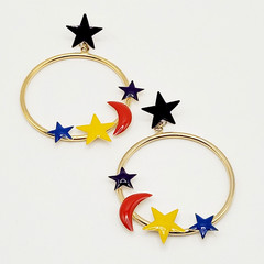 Stars Crescent Moon Colorful Enamel Metal Gold Tone Round Hoop Pierced Earrings