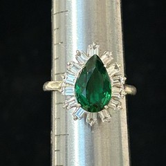 Vintage DuJay Sterling Cocktail Ring Pear Green Glass Halo Stone Size 8.25