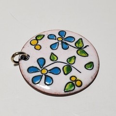Vintage Enamel On Copper Pendant Floral Colorful 1.25″ Double Sided
