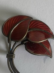 Vintage Sterling Silver Hans Myhre Norway Brooch Red Enamel Leaf Brooch Pin