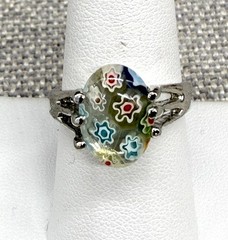 Vintage Millefiori Ring Oval Glass Multi Color Flowers Silver Tone Size 8.25