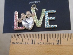 “LOVE” Word PENDANT Gold Tone METAL & Multi Color RHINESTONES Bling
