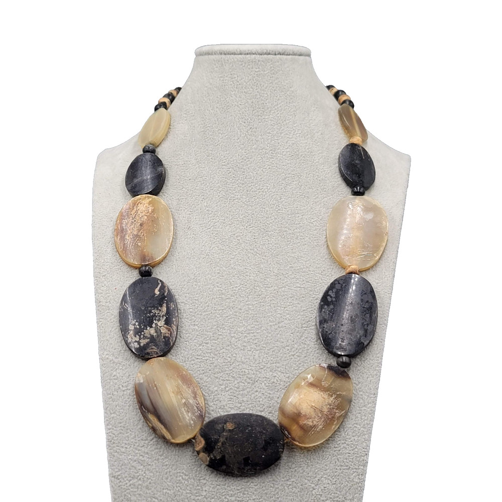 West African Buffalo Horn Necklace Hand Carved Large Statement Beads 24″