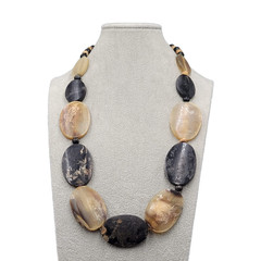 West African Buffalo Horn Necklace Hand Carved Large Statement Beads 24″