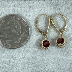 14K Garnet Drop Earrings, Yellow Gold Dangle, Bezel Set Natural Stones, Estate