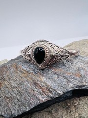 Vintage 925 Silver Poison Pillbox-Locket Bracelet Cuff Tear Shaped Black Onyx