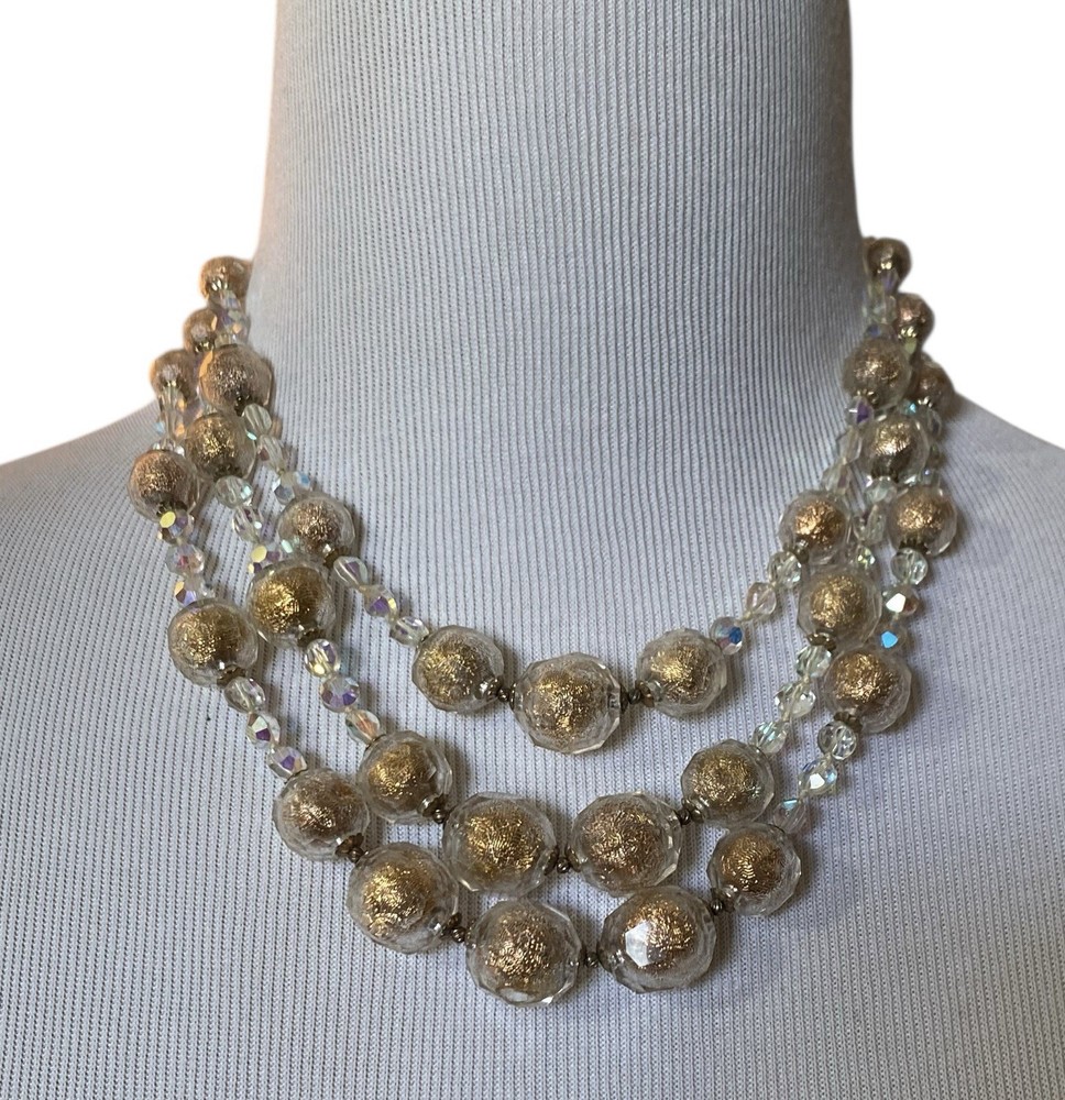 Vintage Mid-Century 3-Strand Beaded Gold Clear AB Acrylic Necklace 15 inch Japan