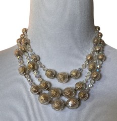 Vintage Mid-Century 3-Strand Beaded Gold Clear AB Acrylic Necklace 15 inch Japan