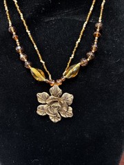 Vintage Cookie Lee Necklace Bronze Flower Double Strand Pendant signed 16” Adjus