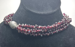 Vintage 3-Strand Garnet Chip Necklace 20” w/ Tribal Silver Beads – 92g Artisan S