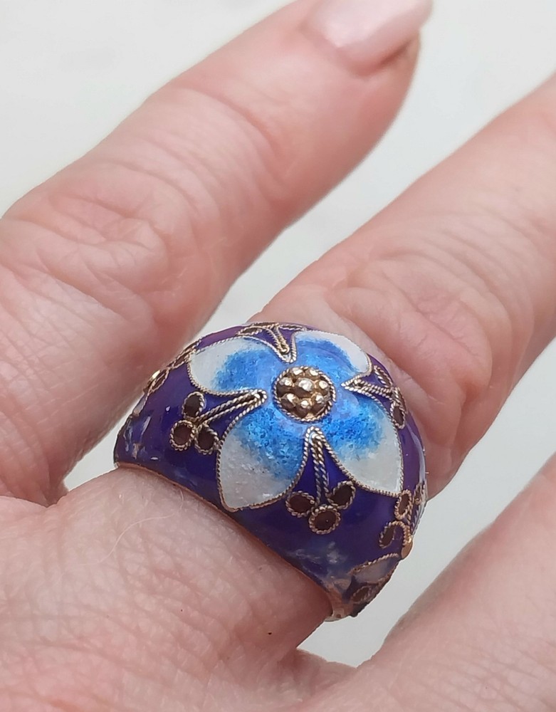 Vtg Antique Chinese Export Silver Gilt Blue Enamel Cloisonne Flower Dome Ring