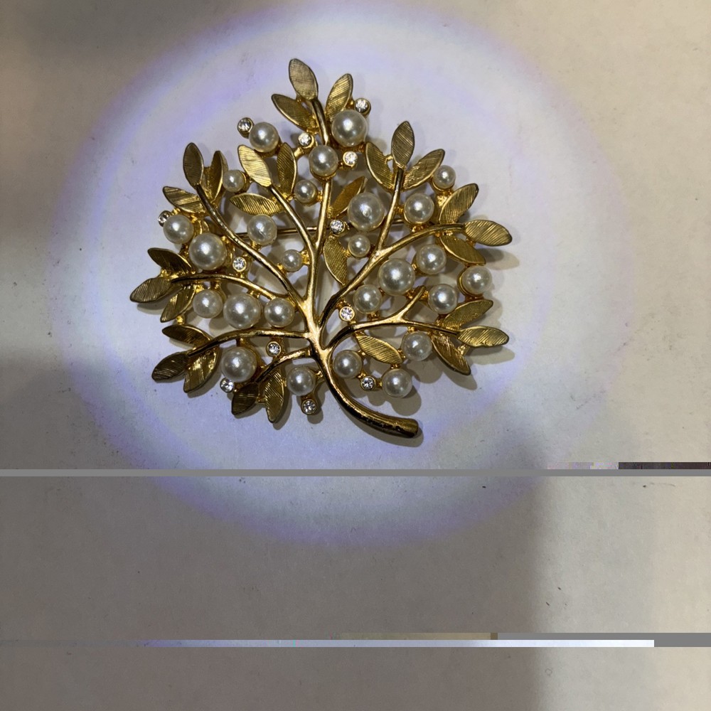 Vintage Faux Pearls and Tiny Rhinestones Gold Tone Brooch Pin 2 Inch