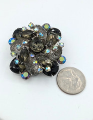 Vintage Rhinestone Brooch Smoky Gray Black Silver Tone Statemen