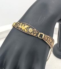 Vintage DAMASCENE Bracelet Bird Floral Black Gold Tone Panel Safety Chain