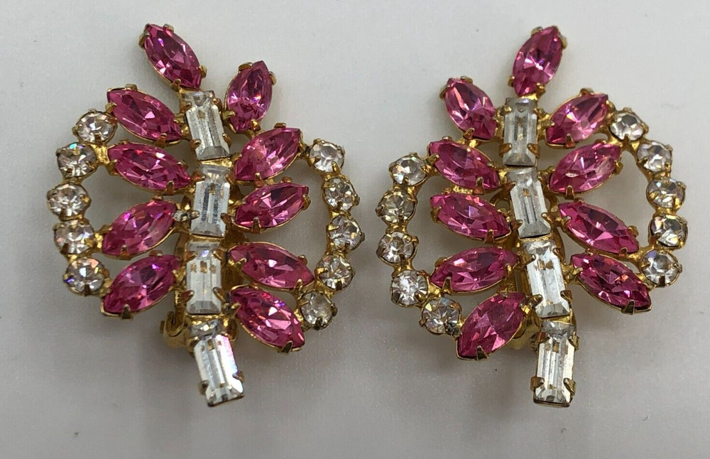 Vintage 1950s B. David Pink & Clear Rhinestone Clip Earrings Mid Century Mod