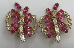 Vintage 1950s B. David Pink & Clear Rhinestone Clip Earrings Mid Century Mod