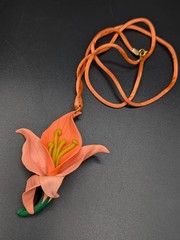 Vintage Peach Colored Handcrafted Clay Art Daylily Flower Pendant Necklace