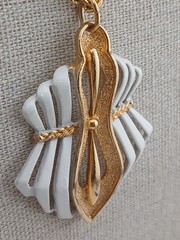 RARE J.J Gold Tone White Enamel Geometric Art Deco inspired pendant necklace