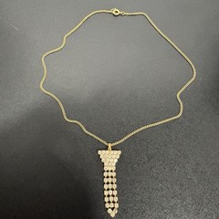 Vintage Gold Tone Faux Diamond Rhinestone Pendant Necklace – Art Deco Dangle