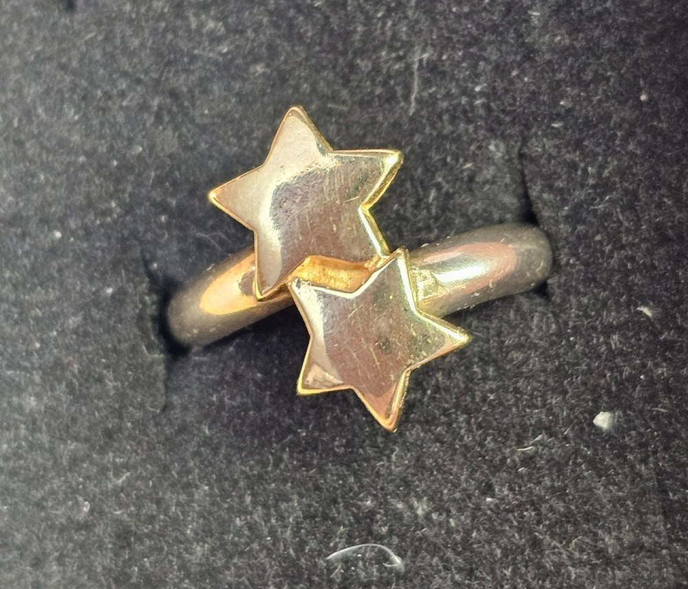 Sterling Silver & 14k Gold Woman Lady Fashion Ring W/ 2 Stars Sz 5″-3.31g-Tested