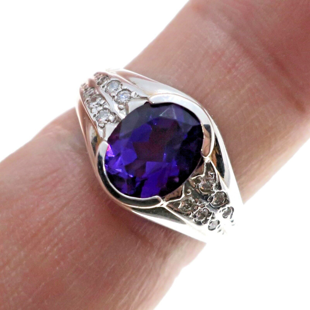 Made in Romania 14k Solid White Gold Natural Amethsyt and Diamond Ring Sz 7