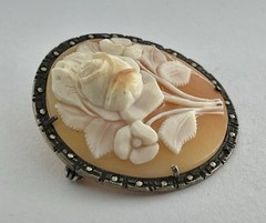 Vintage Carved Shell Rose Cameo Pin Brooch Pendant High Relief 800 Silver Frame
