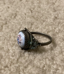 Vintage Soviet Rostov Finift Floral Enamel Ring Russian White Enamel Size 7.5