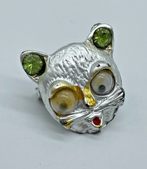 VTG MCM Google Eyes Rhinestone Silver-tone Funny Cartoon Cat Face pin