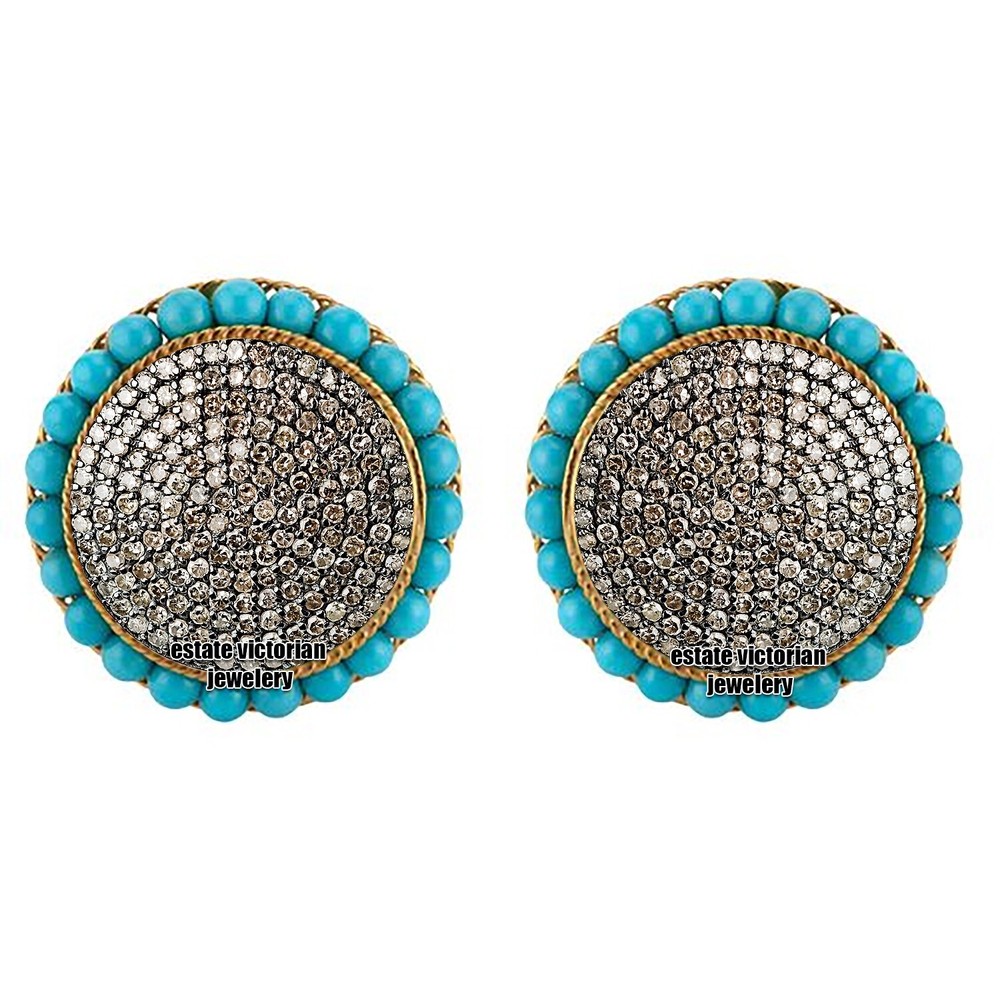 Stunning 2.90ctw Rose Cut Diamond Turquoise Silver Vintage Studs Earring Jewelry