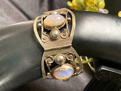 Vintage Taxco Mexico Sterling Silver Faux Fire Opal Link Panel Patina Bracelet