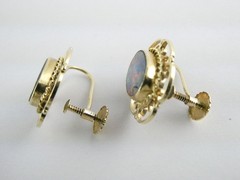 Antique ARA Art Deco 9k Yellow Gold Opal Doublet Screwback Earrings 4.3g .75 In