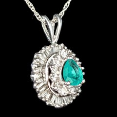 Vintage Emerald Baguette Cut Diamonds 14k White Gold Ballerina Pendant Necklace