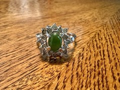 Vintage Signed Uncas Silver Tone Prong Set Faux Jade & Rhinestones Ring Size 10