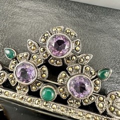 AMETHYST MARCASITE Sterling Silver FLOWER BASKET Brooch 925 Art Deco Style