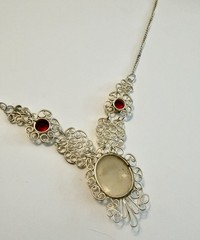Antique Genuine Shell Cameo Faceted Red Stone Silver Tone Filigree Necklace