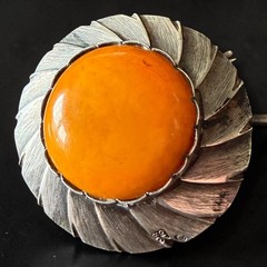 ORNO Baltic Amber Brooch 800 Silver Polish Modernist Pin Mid Century Warsaw