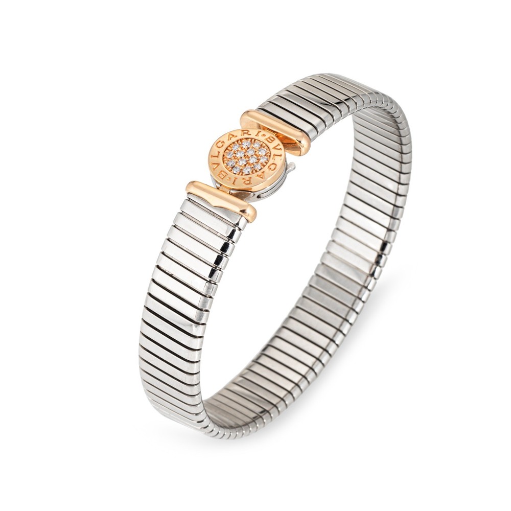 Vintage 90s Bulgari Tubogas Bracelet Diamond 18k Gold Stainless Steel Bangle