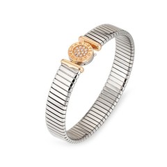 Vintage 90s Bulgari Tubogas Bracelet Diamond 18k Gold Stainless Steel Bangle