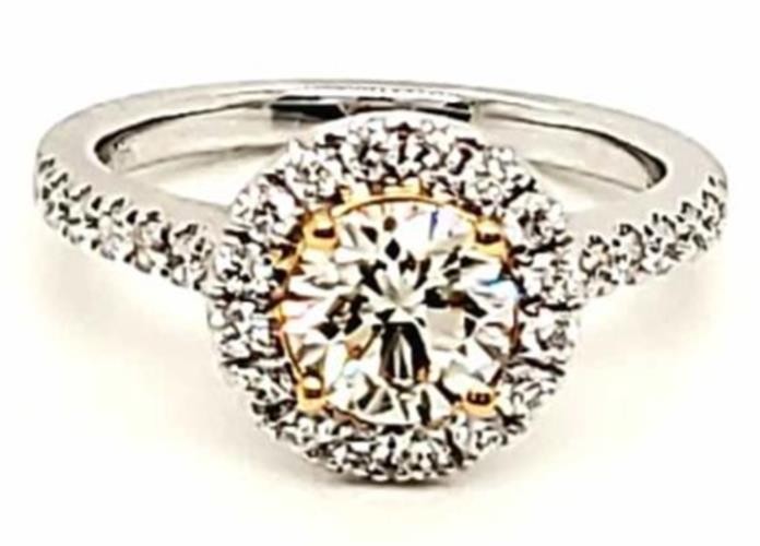1.52CT WHITE & FANCY YELLOW DIAMOND 18KT 2 TONE GOLD ROUND HALO ENGAGEMENT RING