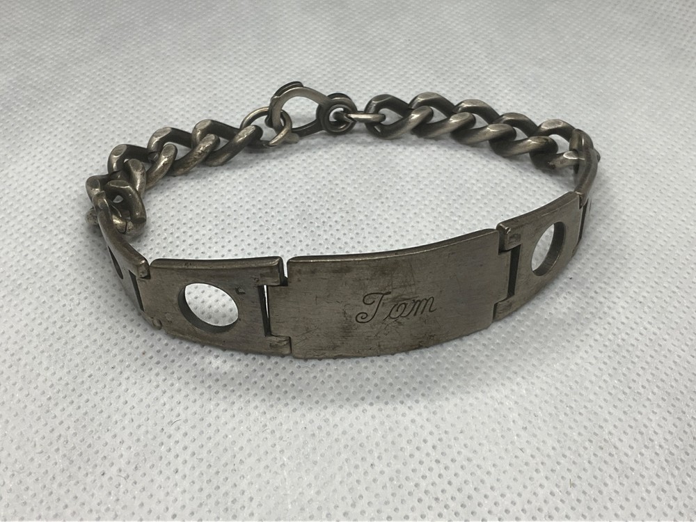 Vtg Curb Chain ID Bracelet MCM MADMEN Sterling Engraved “Tom” 8-1/2″ Patina 39+g
