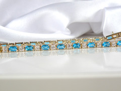 Vintage Gold on Sterling Silver 925 Teal Blue Gemstone Tennis Bracelet 8″
