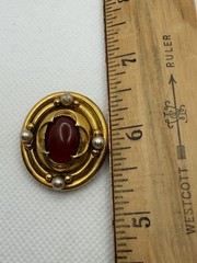 Vtg Signed MMA Egyptian Revival Gold Tone, Pearl Bead & Carnelian Brooch Pin