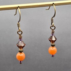 VTG Brass Orange Aventurine & Crystal Beaded Dangle Earrings 1.5″